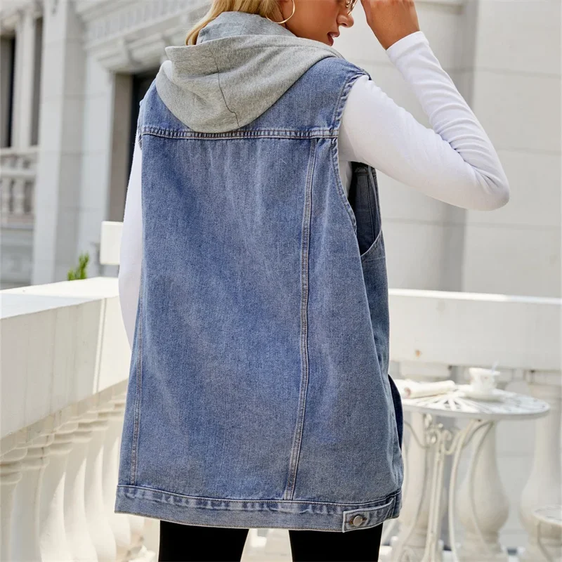 Fashion Internal Pockets Detachable Hooded Denim Vest Women Single-breasted Cardigan Sleeveless Jacket Female Casual Outerwear