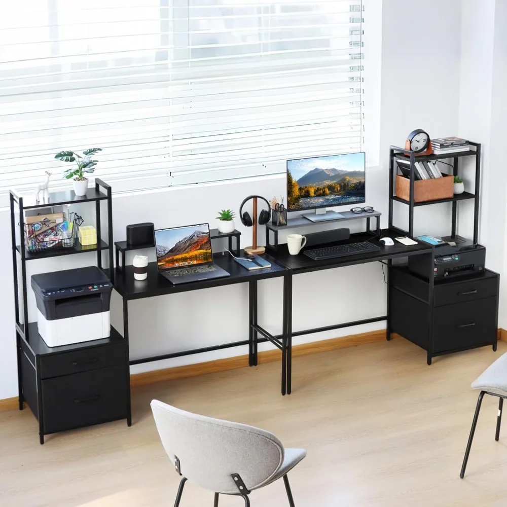 

Freestanding Ladder Desks with Power Outlets, Small Home Office Study Reading Desks with 2 Fabric Drawers and Side Bag,