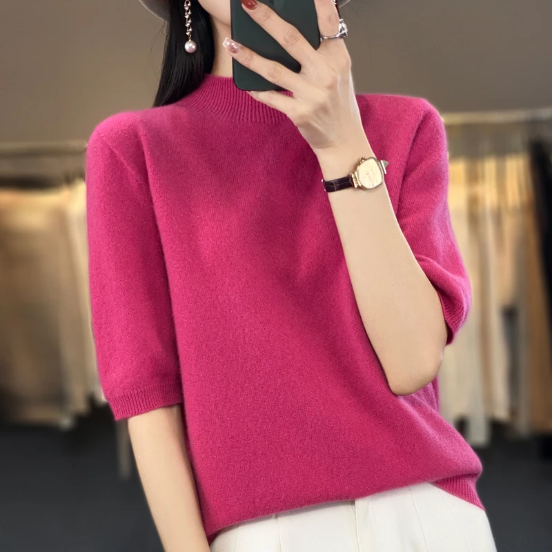 Spring and Autumn Joker Half Sleeve Knitted Sweater Women's 100% Pure Wool Short Sleeve Knitted Thin Semi-high Collar Bottom Shi