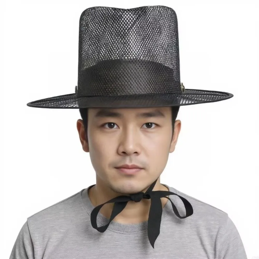 Lightweight Traditional Korean Gat Hat Black Mesh Wide Brim Flat Topper Hat UV Protection Ribbon Cosplay Hat Historical Costumes