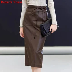 Leather Wrap Skirt For Women Imported Sheepskin Mid Length Faldas Mujer OL Commuting Straight Split Back Lace-up Long Saia