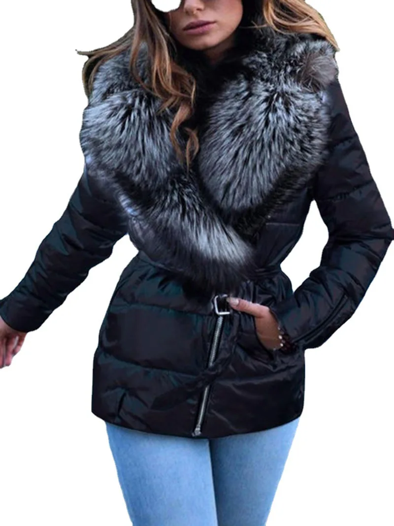 Winter New Casual Overcoat Bright Surface Women Jacket Skin-Touch Belt Great Faux Fur Collar Lady Puffer Cotton Coat Parka S-5XL