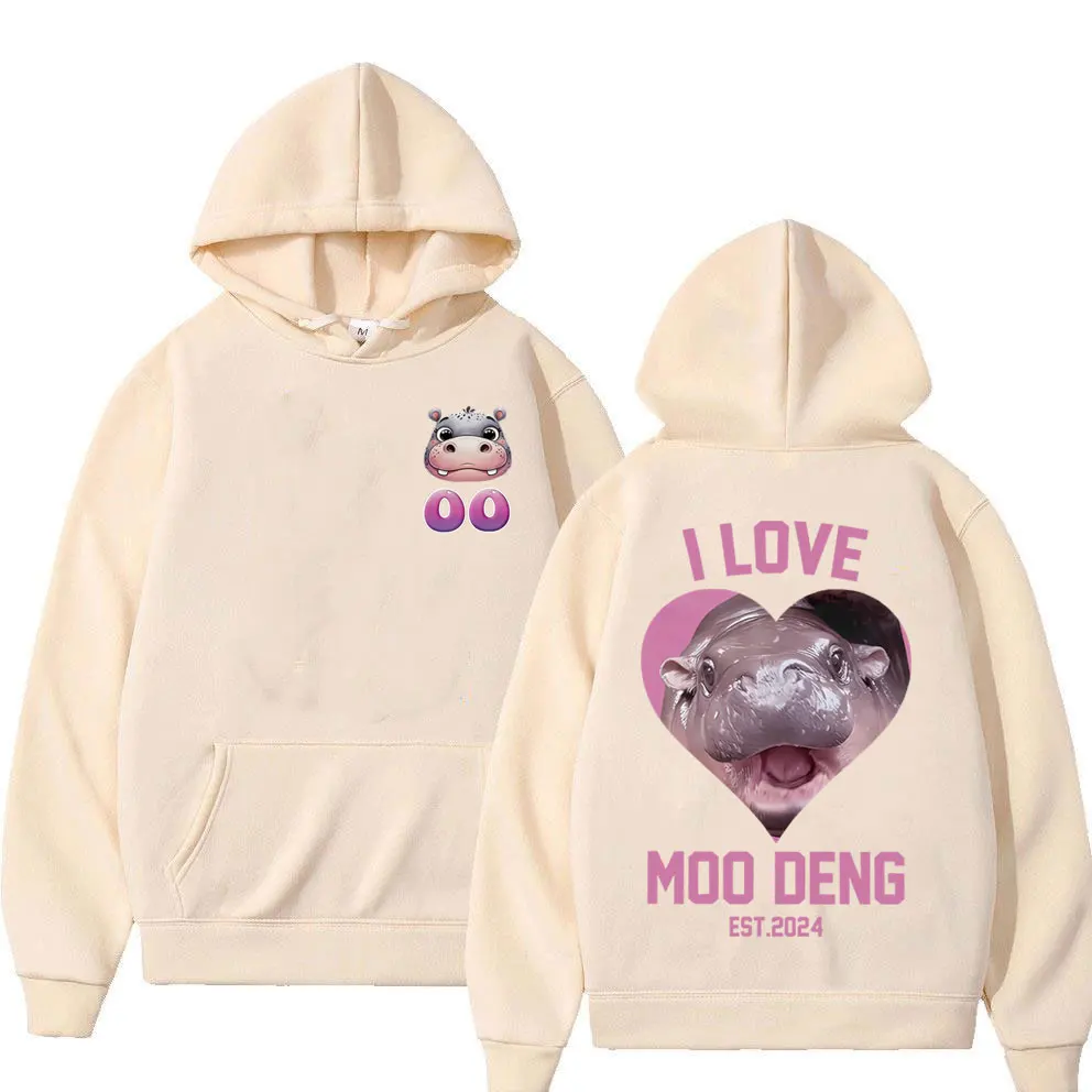 I Love Moo Deng Est 2024 Print Hoodie Baby Hippo Funny Meme Men's Women's Fleece Cotton Hoodies Men Casual Oversized Sweatshirt