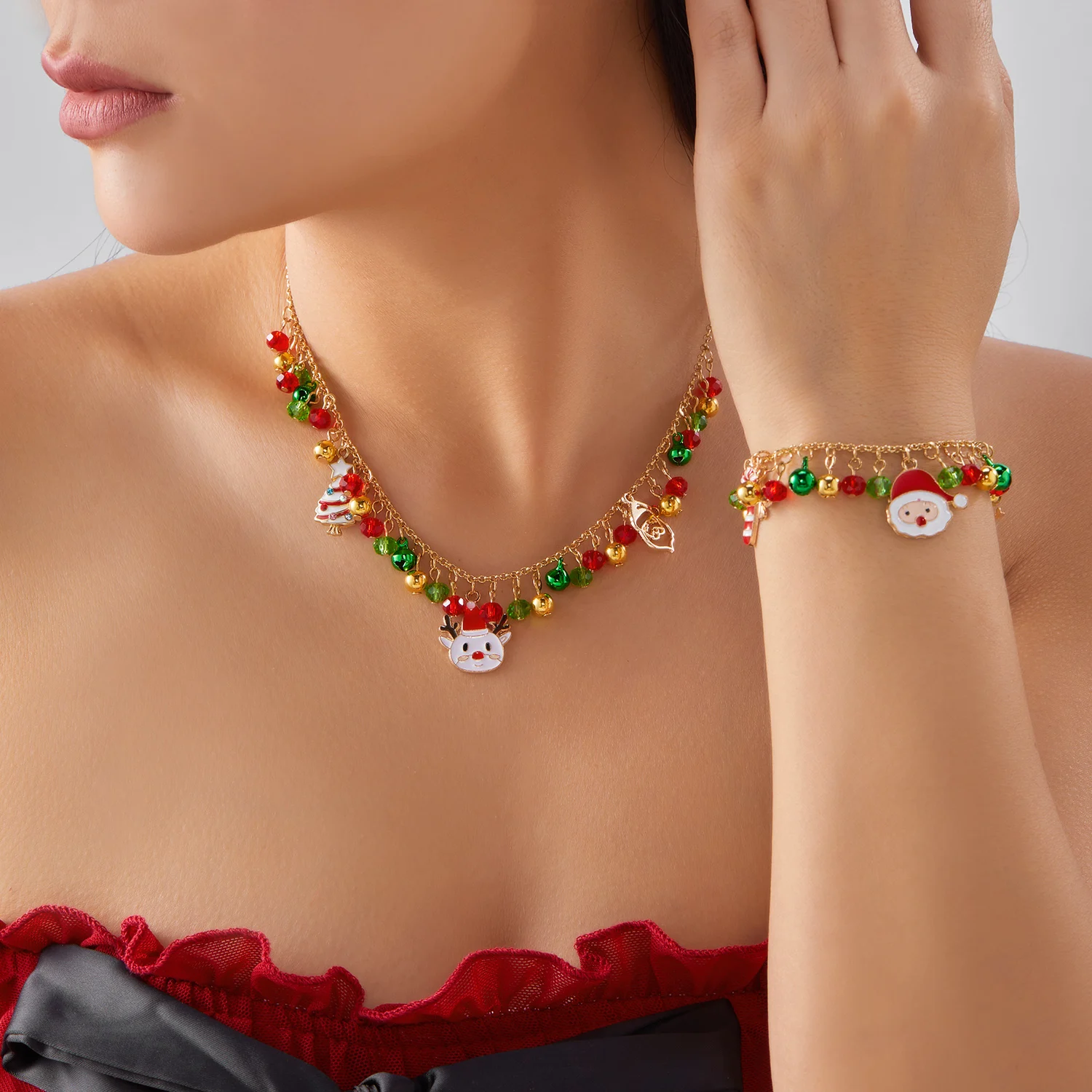 Christmas Retro Elk Bells Choker Necklace for Women Cartoon Snowman Santa Gingerbread Man Pendant Bracelet New Year Jewelry Gift