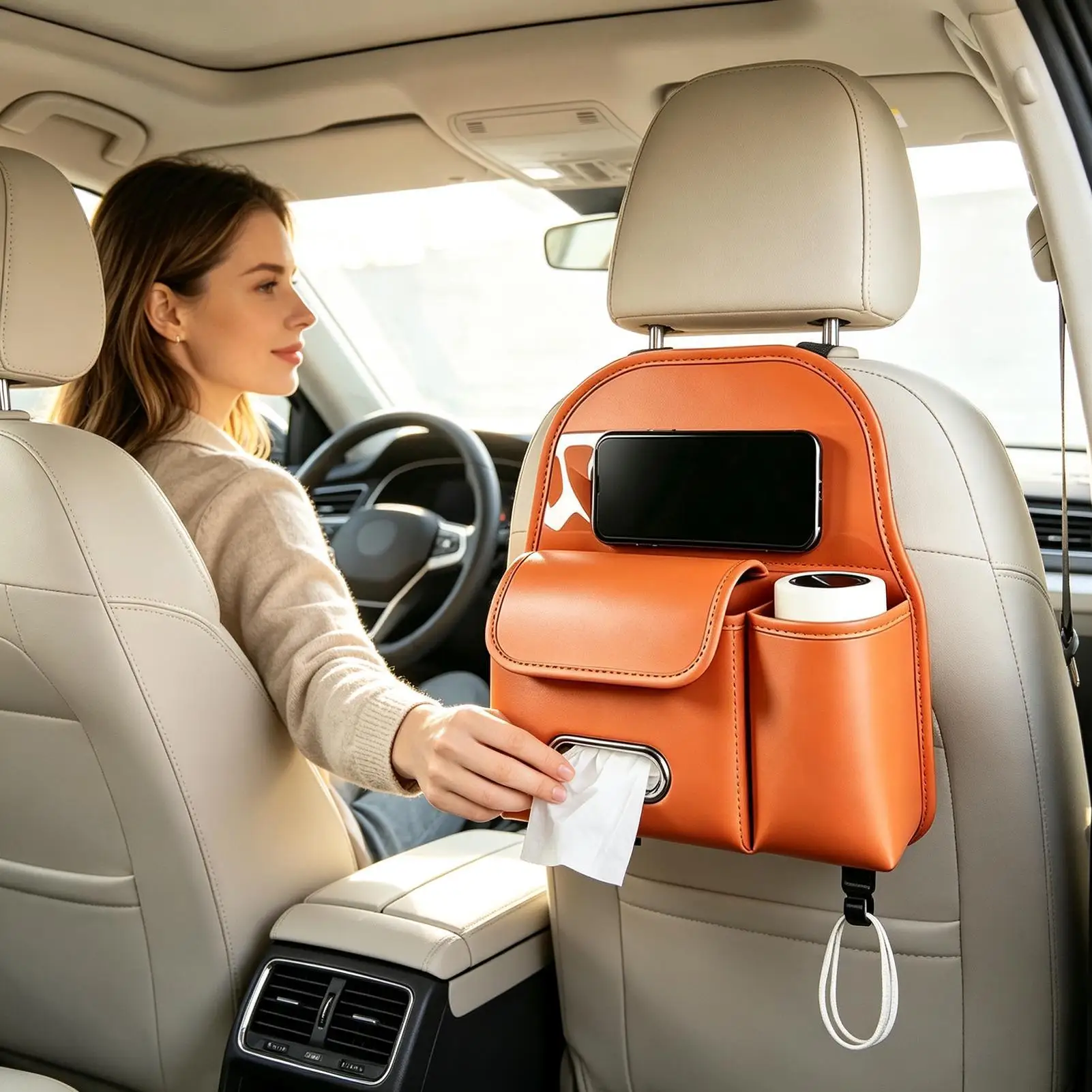 Car Back Seat Organizer PU Leather Vehicle Storage Bag Back Seat Cup Holder For SUV Truck Travel Road Trip Cup Tissue Storage