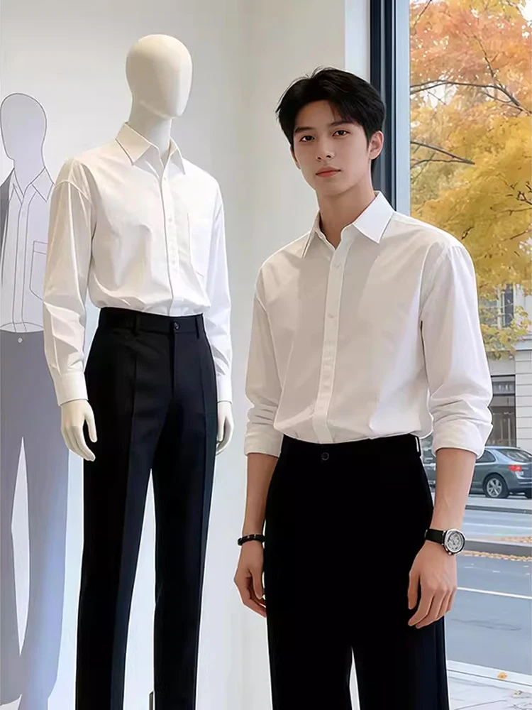 

White Shirt Men's Style Spring Fashionable Long Sleeve Inner Wear Light Maturity Wind Suit Casual Breathable Polyester Fiber