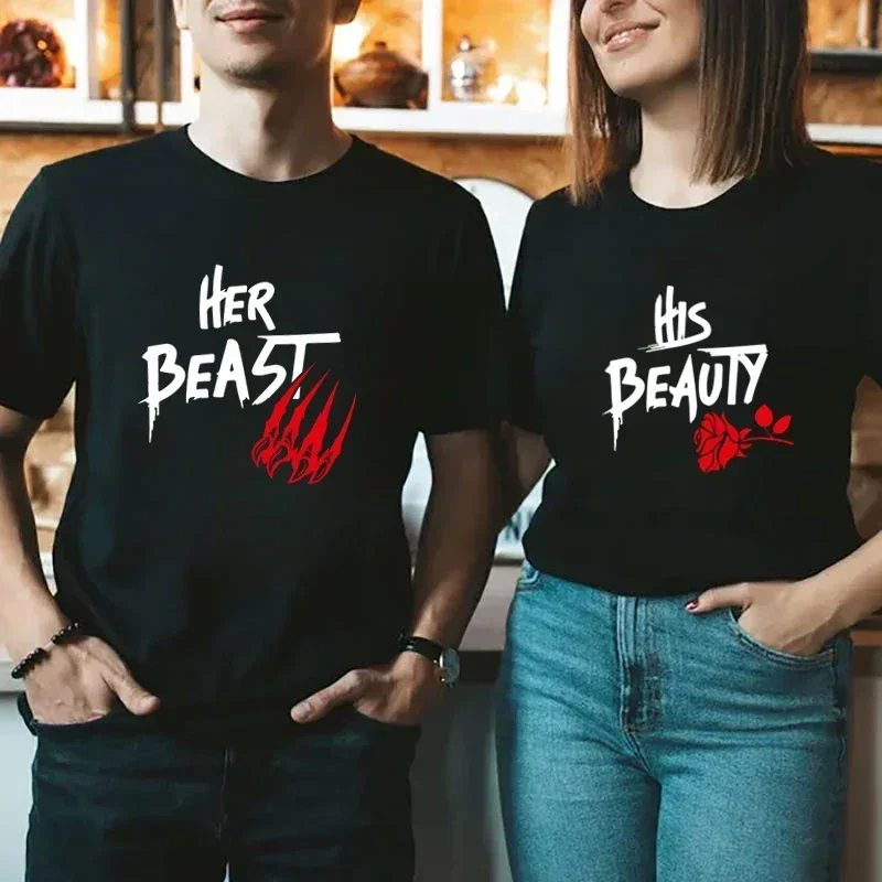 Rose Beast Tshirt His Beauty Her Best Print Couple T Shirt Summer Short Sleeve Loose Lovers Tee Shirt Tops Women Men Clothes