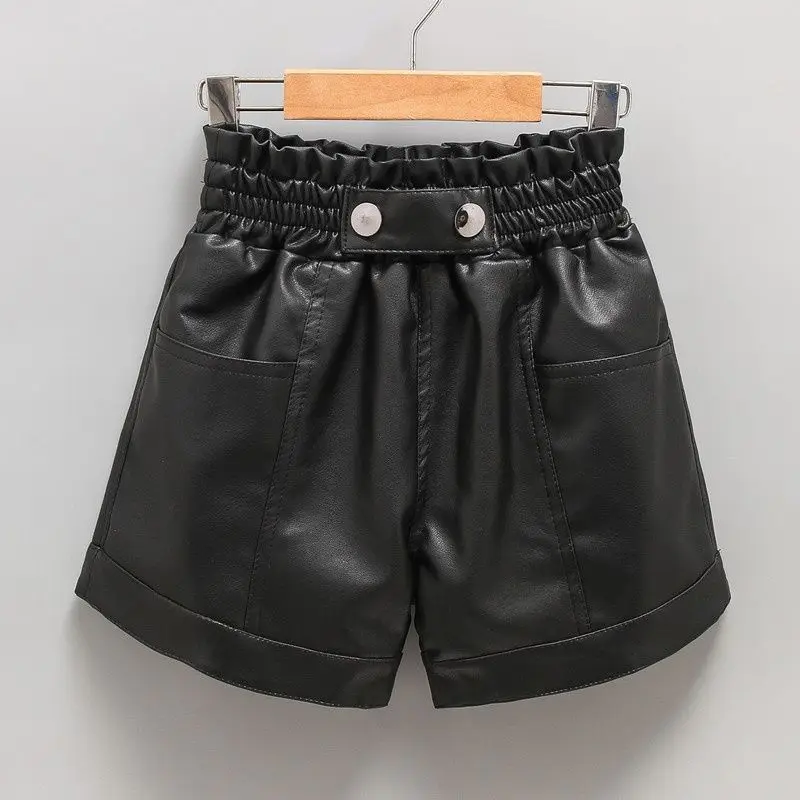 Kids Girls PU Leather Shorts 2025 New Arrival Wide Leg Pants Children Spring Autumn Black Leather Shorts Japanese Korean Style