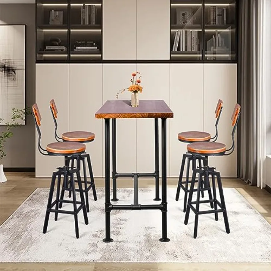 Home Dining Office 5-Piece Set: Rectangular Table for 4-6 + 4 Swivel Adjustable Stools, Heavy Duty Metal Wood, Rustic Industria
