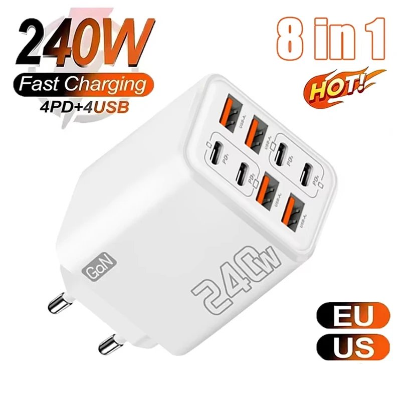 240W Fast Charging GaN Charger USB C 8 in 1 Phone Charger Power Adapter For iPhone Samsung Xiaomi Type C EU/US Plug Wall Charger