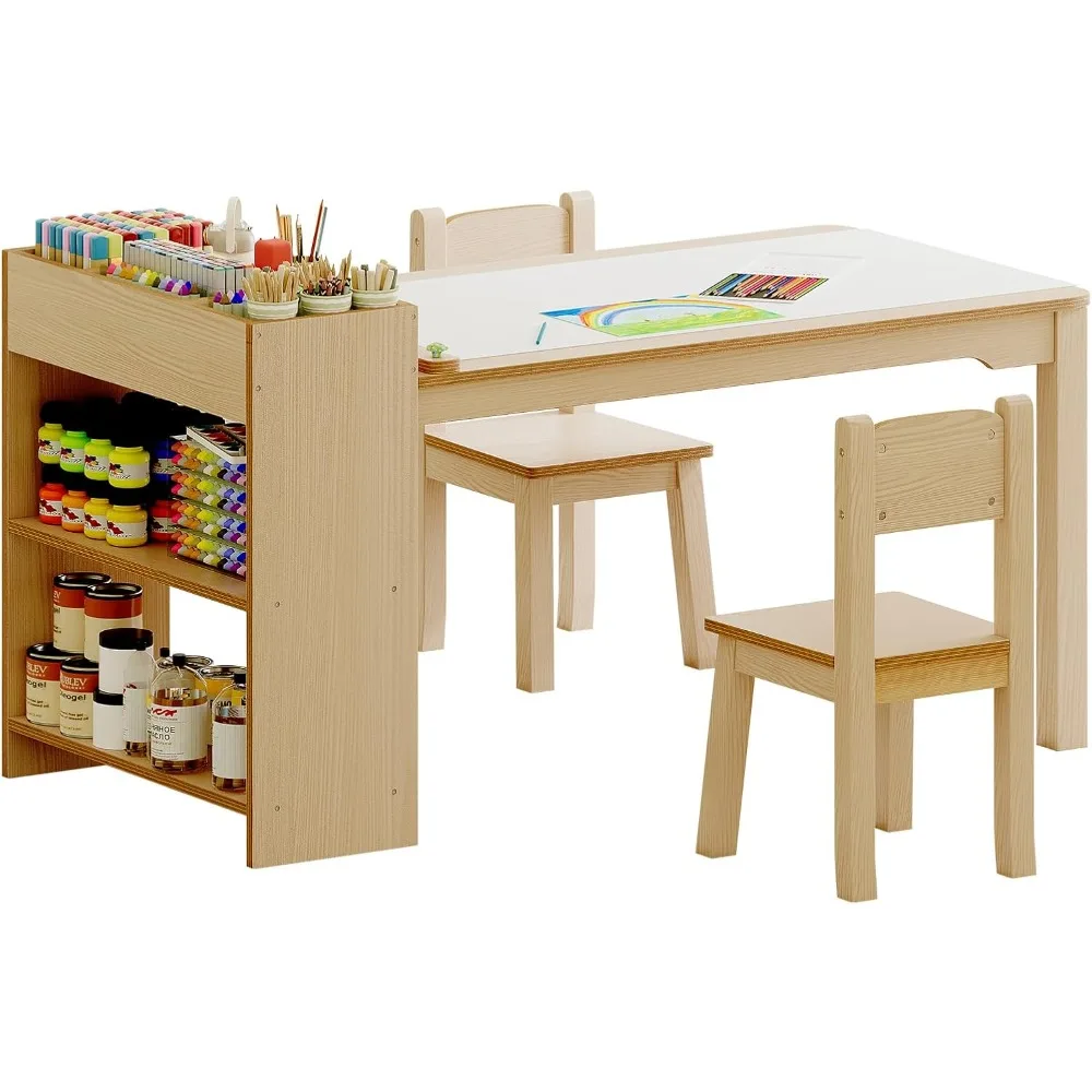 

Kids Art Table, Wooden Kids Craft Table for Playroom, Kids Activity Table with 2 Chairs, 4 Storage Baskets, 2 Rows of Storage