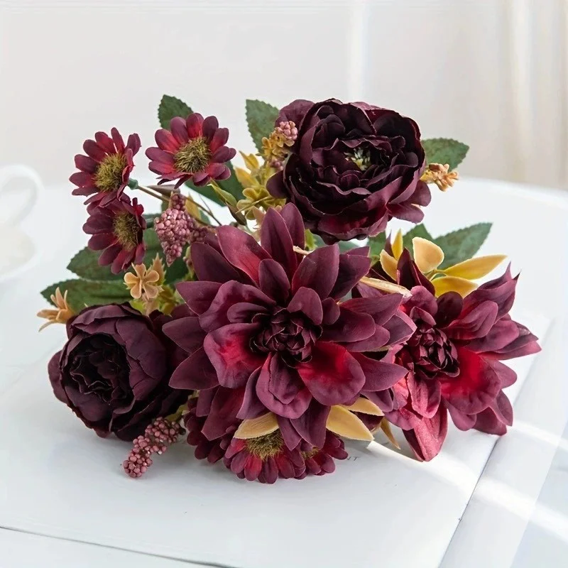 Simulierter Dahlie-Blumenstrauß, für Hochzeitsbögen, Heimdekoration, künstliche Wohnzimmer-Tischdekoration, künstliche Blumen – Detail 5