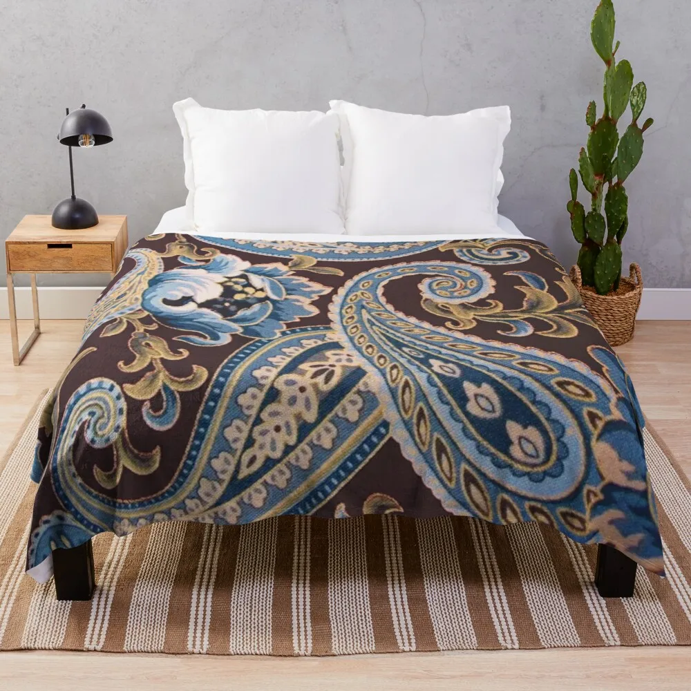 

Blue Brown Vintage Paisley Throw Blanket Sofa quilt flannels