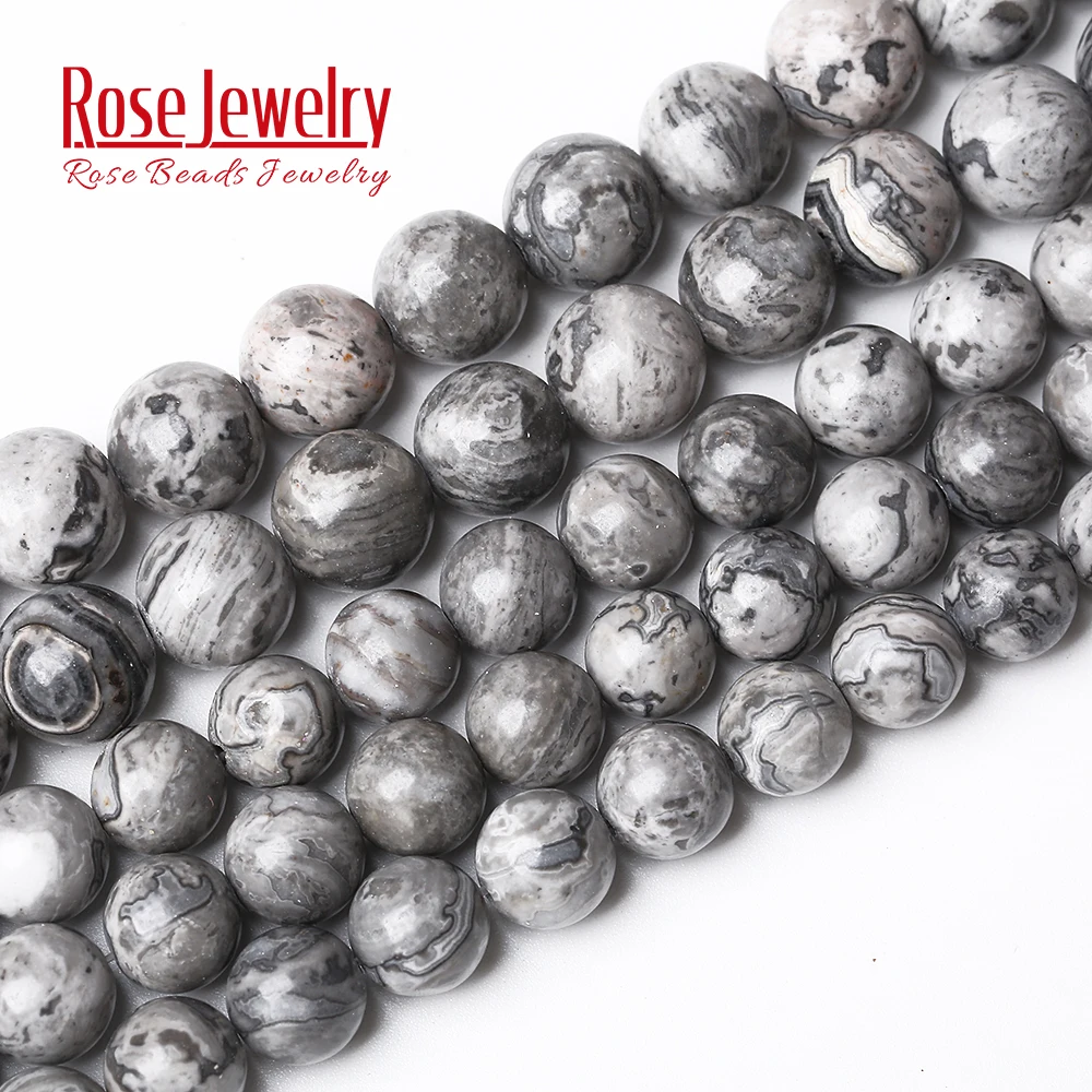 Factory Price Natural Stone Gray Picasso Map Jaspers Round Beads 16\