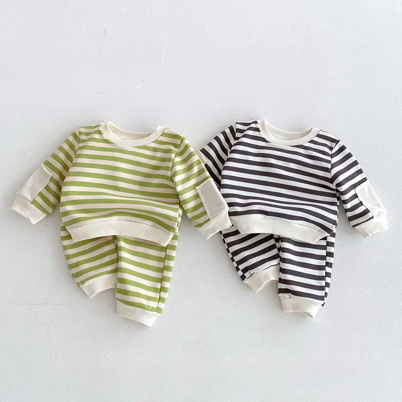 

2025 New Spring Infant Baby Girls Boys Clothing Set Long Sleeve Cotton Stripe Pullover Tops+Pants Toddler Sports Clothes Suit