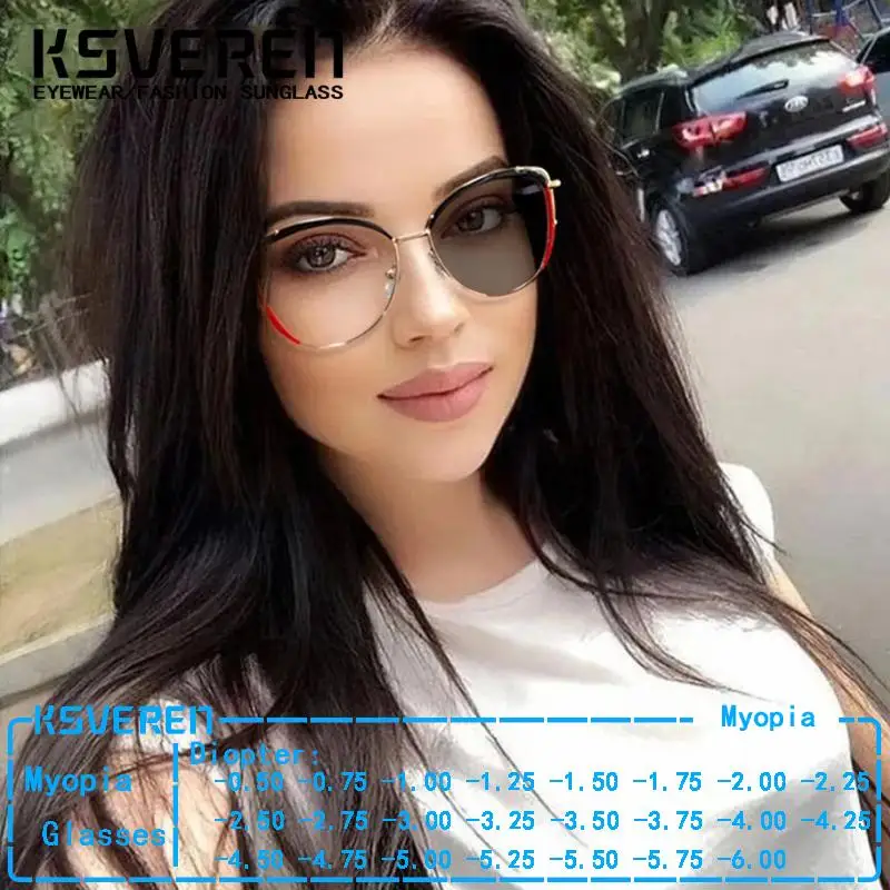 

KSVEREN Oval Metal Frame Photochromic Myopia Glasses Women Fashion Spring Leg Computer Eyeglasses 0 -0.5 -1.75 -2.25 -3.75 -4.0