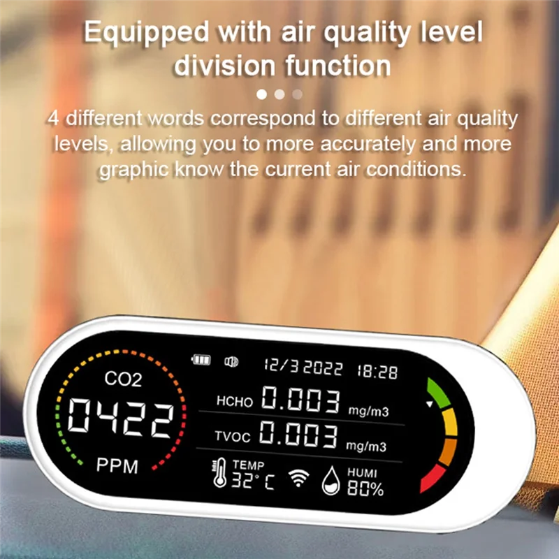 

-A12R 5 в 1, детектор качества воздуха TVOC HCHO CO2, измеритель качества воздуха, тестирование температуры и влажности углекислого газа