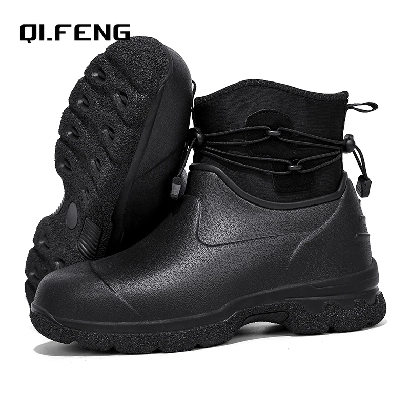 Men\'s Rain Shoes Leather Top Thick Sole High Top Anti Slip Water Shoes Outdoor Mountaineering Plush Warm Boots Work Safety Boots