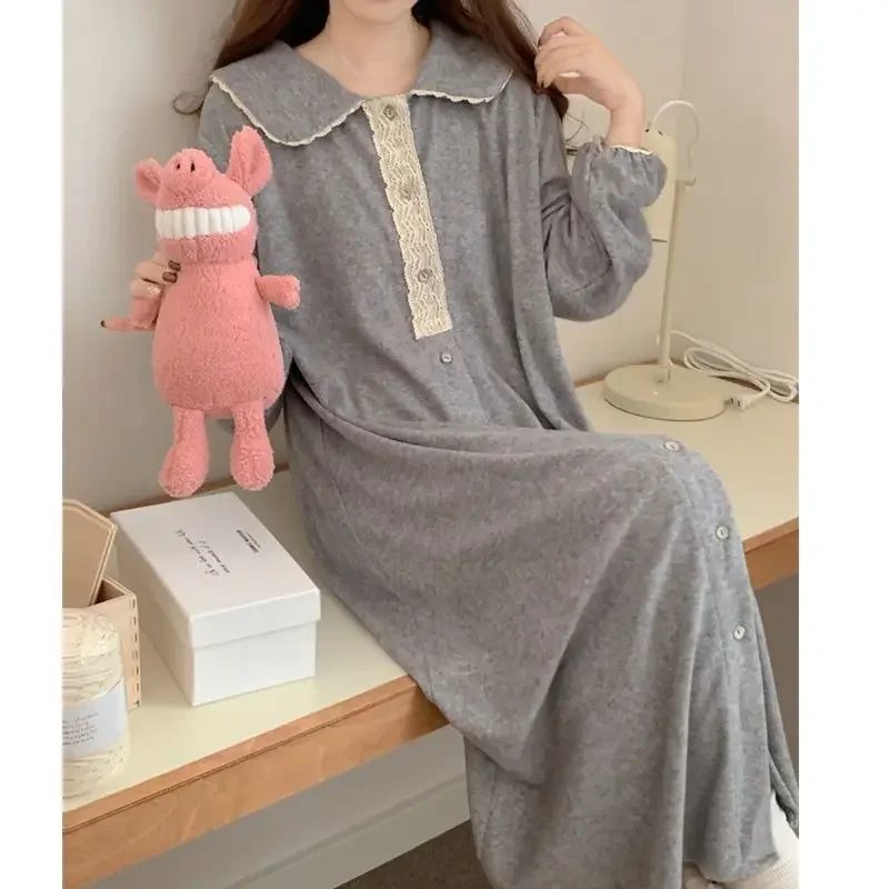 Lace Sleepwear Women Nightgown Ruffles Korean Nightwear Gray Autumn Long Sleeve Sleeping One Piece Pajamas Solid Night Dress New