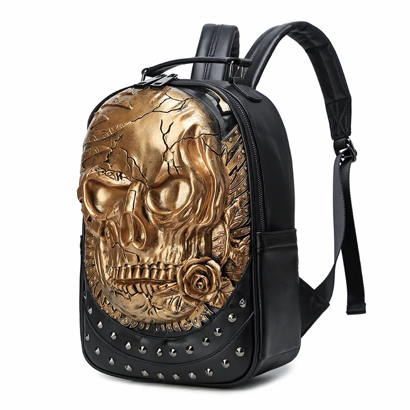 2024 PU Leather Harajuku Black Skull Backpack 3D Aesthetic Rivet Trendy Travel Backpack for Men and Women