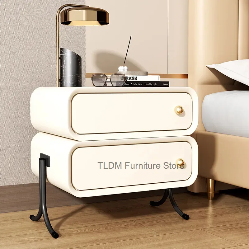 Modern Stacked Round Edge Drawer Nightstand Gold Knob Curved Metal Leg Storage Side Cabinet For Bedroom Sofa Decor