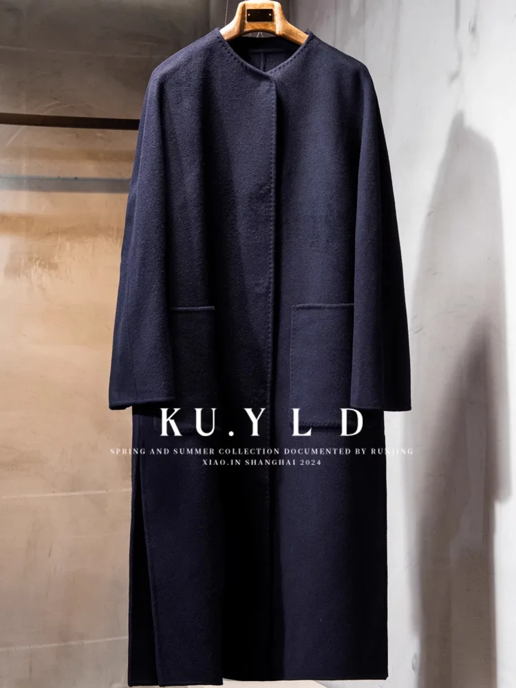 DFDG Dames 2025, herfst-winterontwerper, kasjmierwollen overjas, afslankende oversized trenchcoat met ronde hals en twee zakken