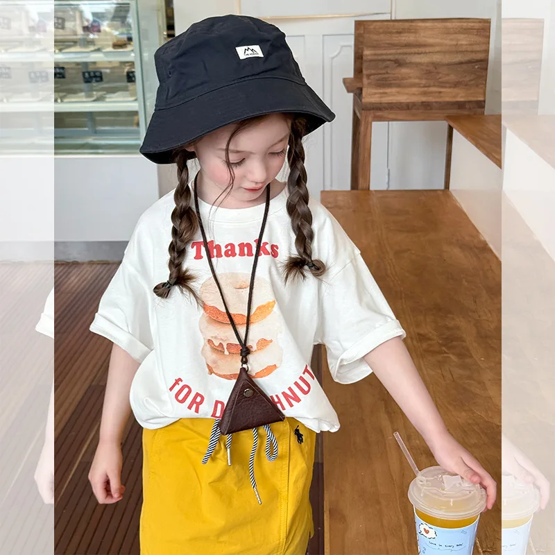 Boys and Girls Korean Letter Printed Short Sleeved T-shirts Children Summer Casual Cute Donut T-shirt