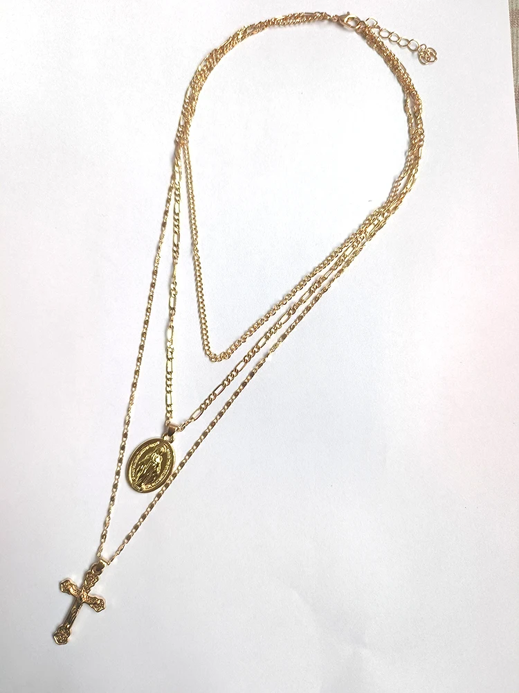Three layer Necklace Oval-shaped Virgin Mary Madonna Pendant Jesus Cross  metal plated Chain Women Gift