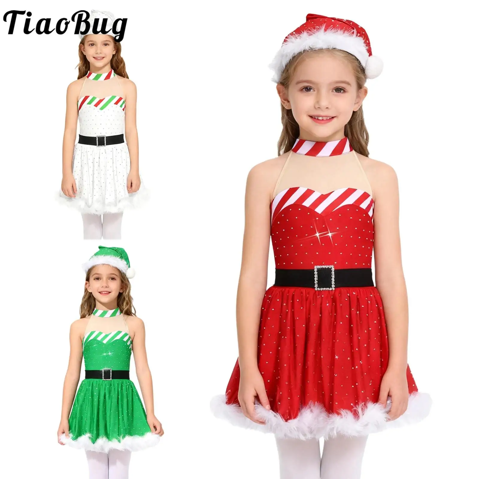 

Girls Christmas Santa Snowman Costume Glitter Rhinestones Mesh Ballet Dance Skating Tutu Dress Leotard Hat for New Year Party