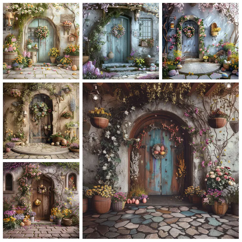 

Happy Spring Easter Photography Backdrops Vintage Door Flowers Colorful Eggs Rabbit Newborn Baby Portrait Photo Background Decor