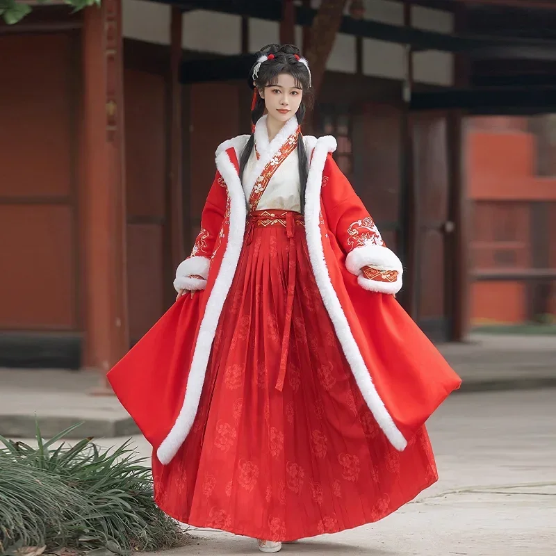 

2 Colors Winter Chinese Style Hanfu Dress Set 3Pc Vintage Red White Thicken Velvet Fluff Edge Waist Skirt Warm Long Snow Robe