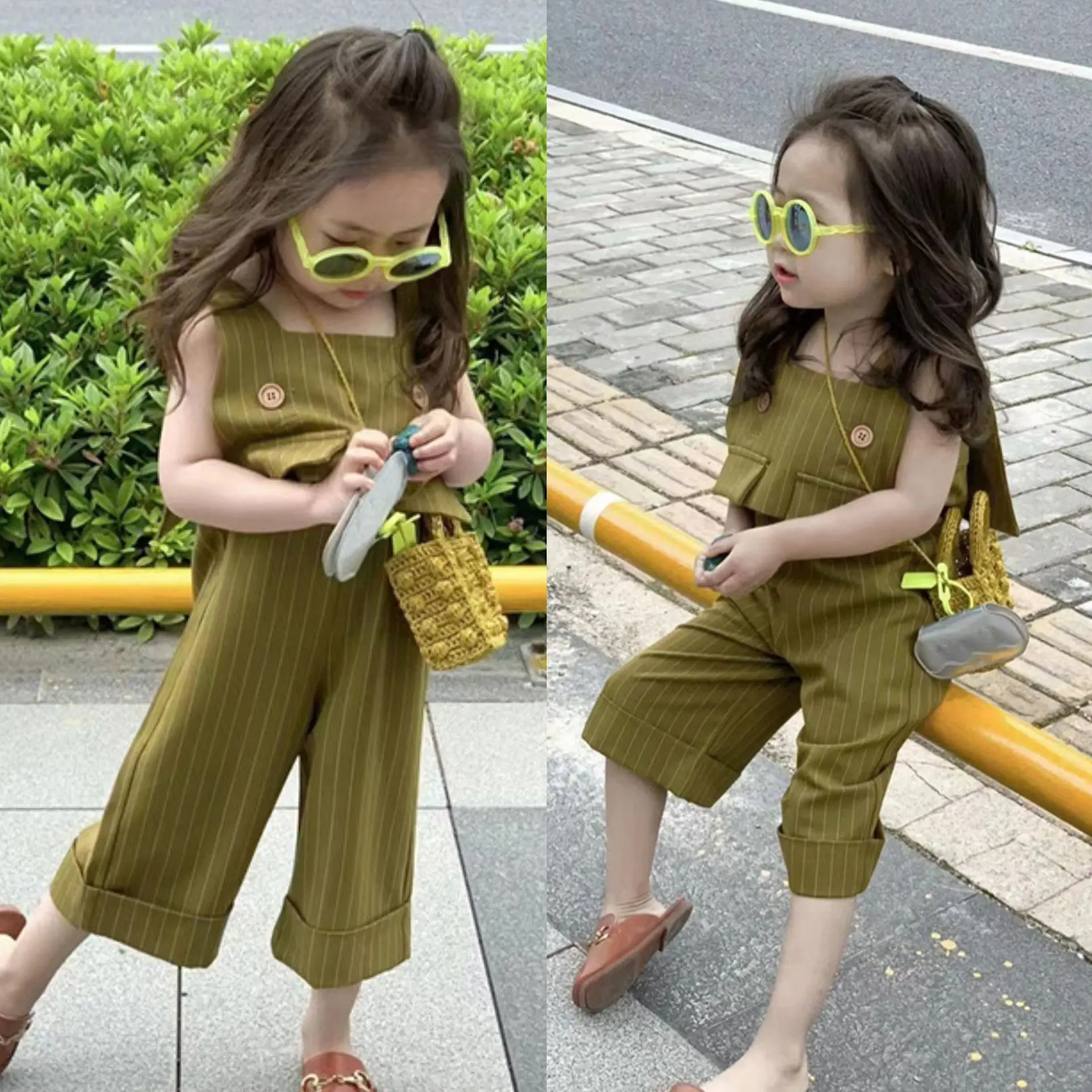 Girls\' Summer Suit New Vest+Fashionable Wide Leg Pants Stylish Jumpsuit Girls Fashion Kids Outfit Children Girls Clothes Suit