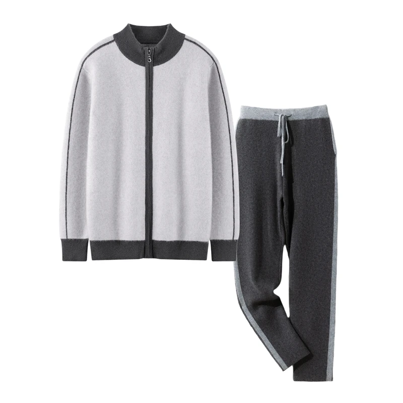 High quality 100% cashmere men's suit Mock Neck zipper cardigan jacket knitted pants pocket two-piece set thick air layer