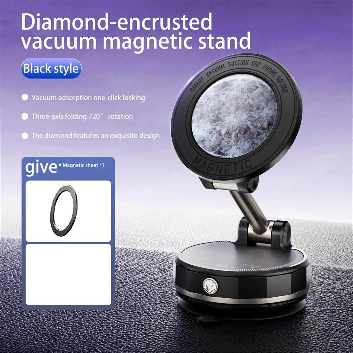 L73A NEW -Encrusted Vacuum Magnetic Car Phone Holder Foldable Strong Suction Stand 360° Rotation Car Phone Holder