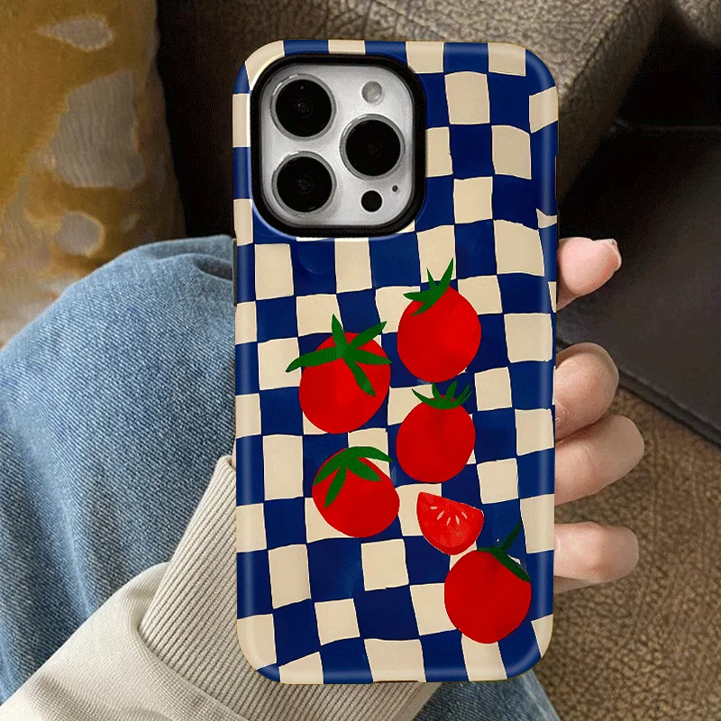 

Grid Tomato Art Pattern Phone Case Suitable for iPhone 17 16 15 14 13 12 11 Pro/Max/Plus Anti Drop 2-in-1 Rear Cover