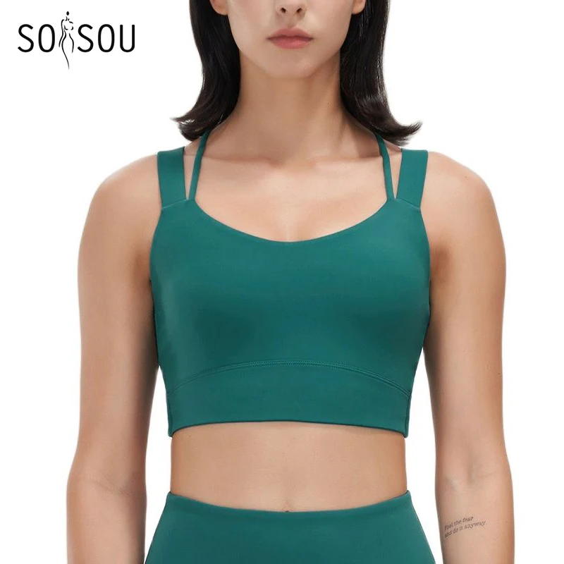 SOISOU Lycra Gym Yoga Bra Top Women Sports Bra Fitness Underwear Elastic Breathable Shockproof Cross Back Workout Bra 5 Colors