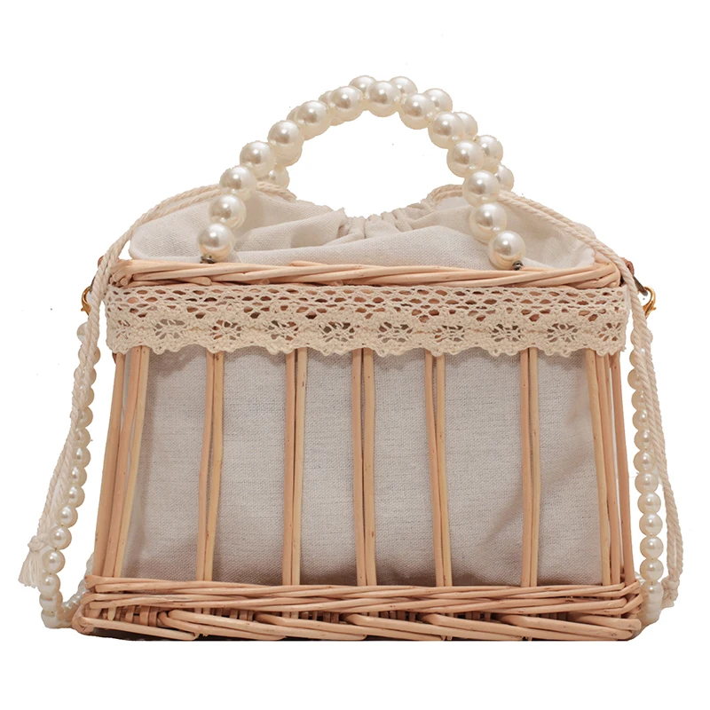 Hxl Vegetable Basket Small Bag Straw Pearl Messenger Bag Woven Rattan Small Handbag