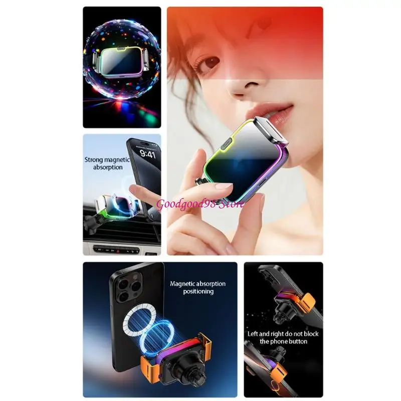 Road Travel Car Phone Mount with Air Outlet Clip, 15W Wireless Charging and Multicolor Light for Daily Use 