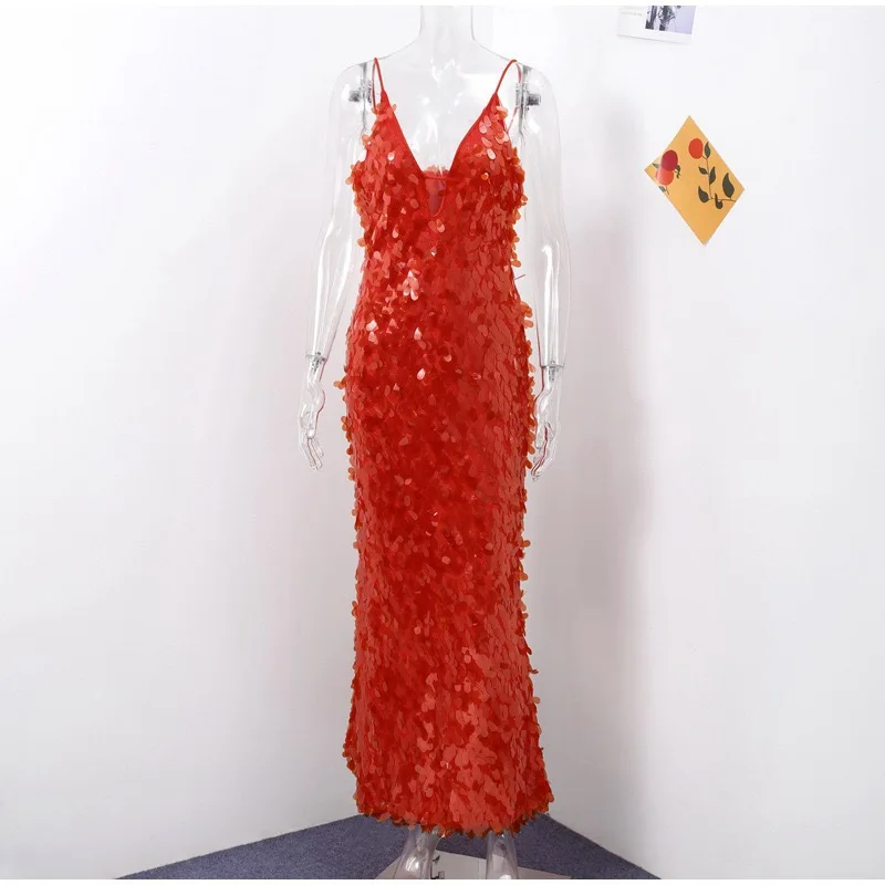 Robe longue à paillettes pour femmes, sans manches, décolleté en v profond, dos nu, Slim, Maxi, été, Chic, fête d'anniversaire, 2025