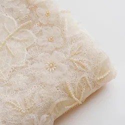 Champagne Heavy 3D Beaded Embroidered Lace Fabric for Cheongsam, Evening Gowns & Wedding Dresses Designer Fabric