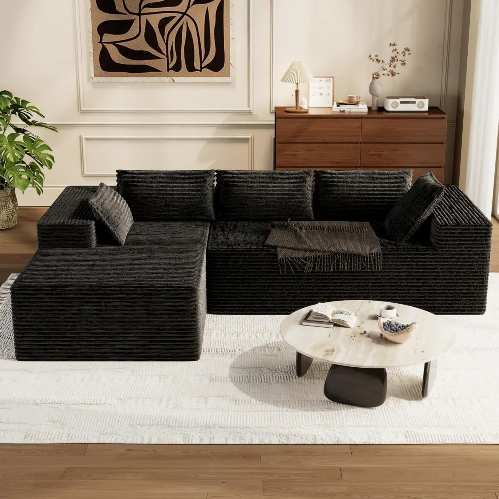 

105.5'' Cloud Sectional Couch with L-Shape Chaise, Black Modern Modular Sofa with Deep Seat, Corduroy Fabric, No Assemb