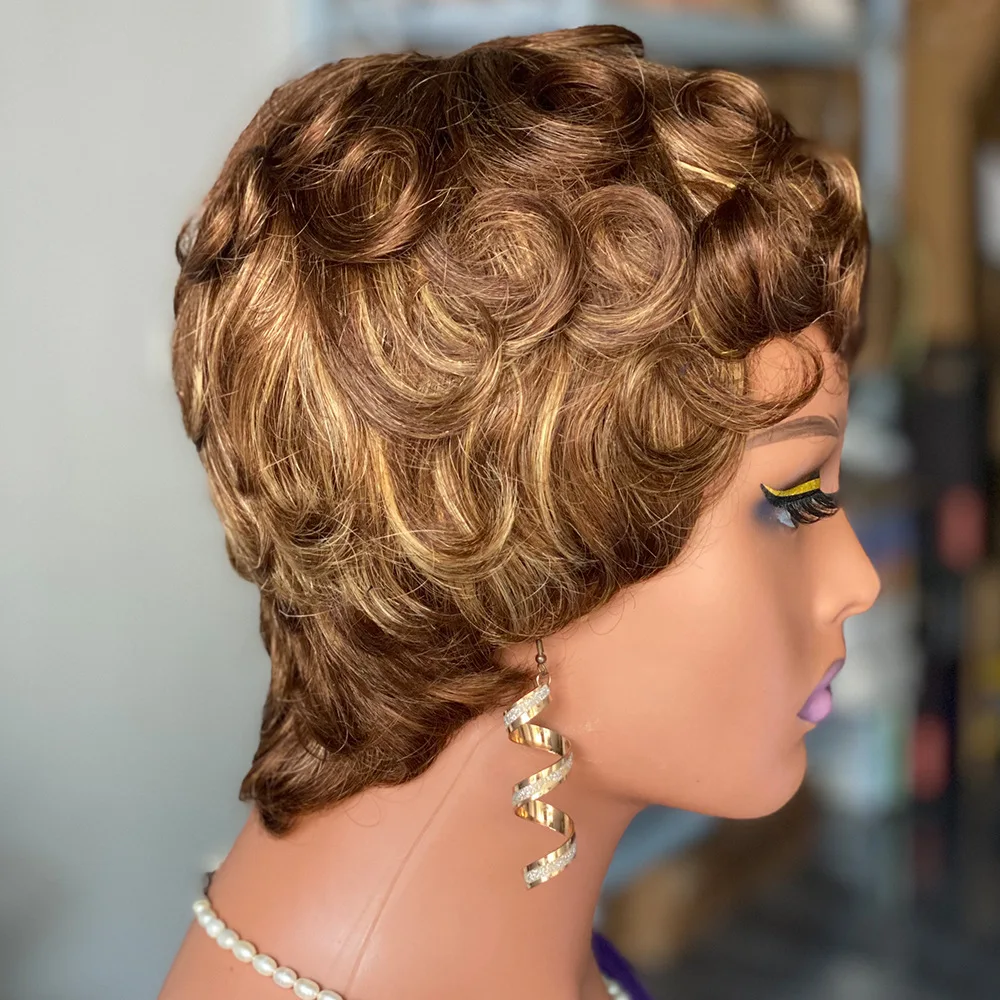 شعر مستعار قصير مموج 4 بوصة 100% شعر بشري منتفخ مسبقًا مع شعر أطفال خط شعر طبيعي شعر مستعار كامل للسيدات والنساء