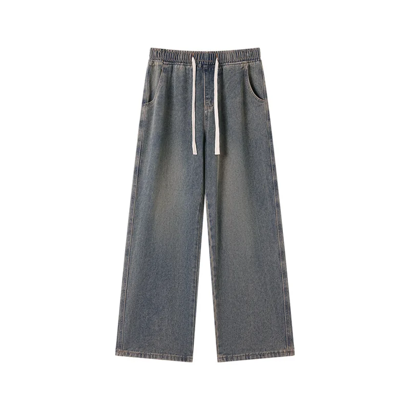 بنطلون جينز رجالي أمريكي عتيق بلون سادة بسيط أساسي غير رسمي عصري فضفاض وواسع الساق برباط مستقيم من قماش الدنيم