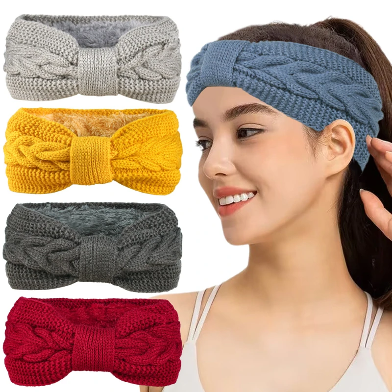 

Winter headbands for women ear warmers headwear wool knit thick fleece lined cold weather warm muffs wide edge hair Accessories