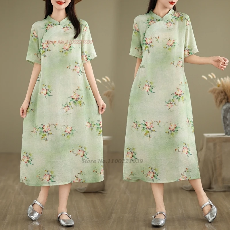 

2024 chinese improved qipao vintage dress cheongsam national flower print a-line qipao oriental traditional folk loose dress