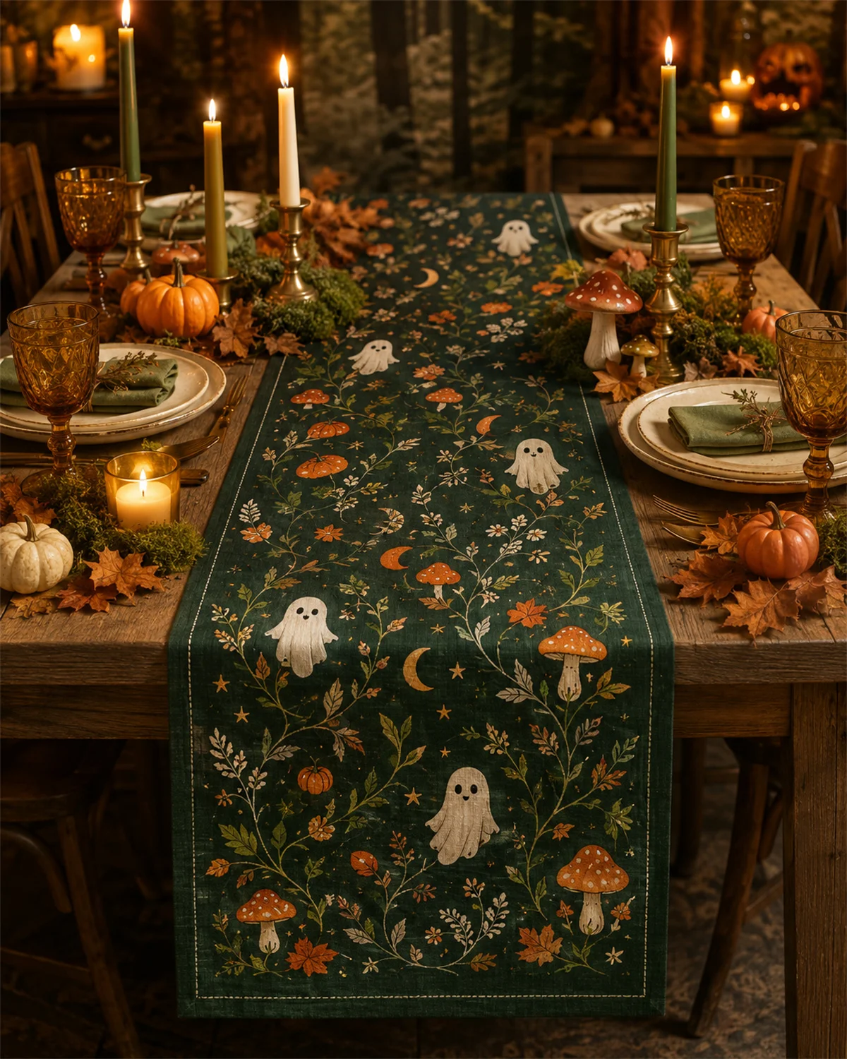 Ghost Mushroom Forest Table Runner Moon Floral Woodland Decor Dining Room Home Decoration Gift Nature Inspired Design