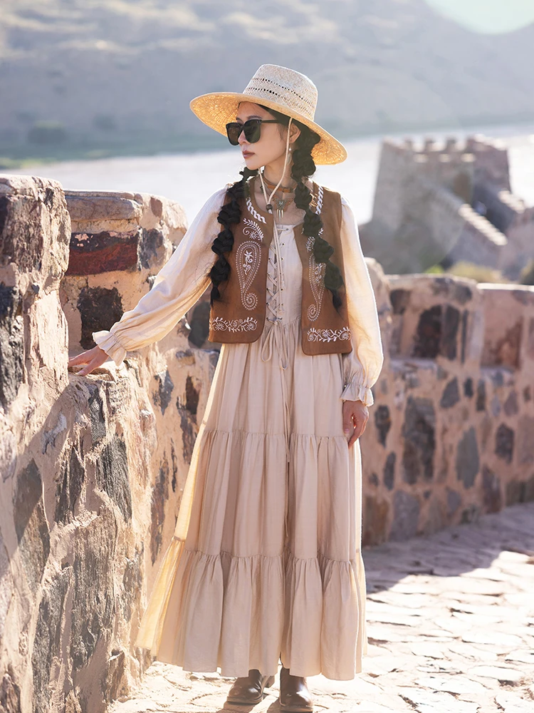 Free Shipping 2024 Fashion Square Collar Women Long Maxi Full Lantern Sleeve Spring And Autumn Bohemian S-XL Beige Bandage Dress