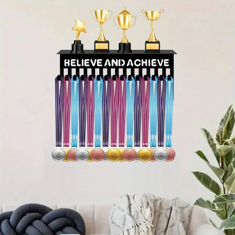 Metal Medal Display Rack Wall Mount Trophy Holder For Sports Cheerleading Gymnastics Soccer Softball Home Or Office Decor Utilit