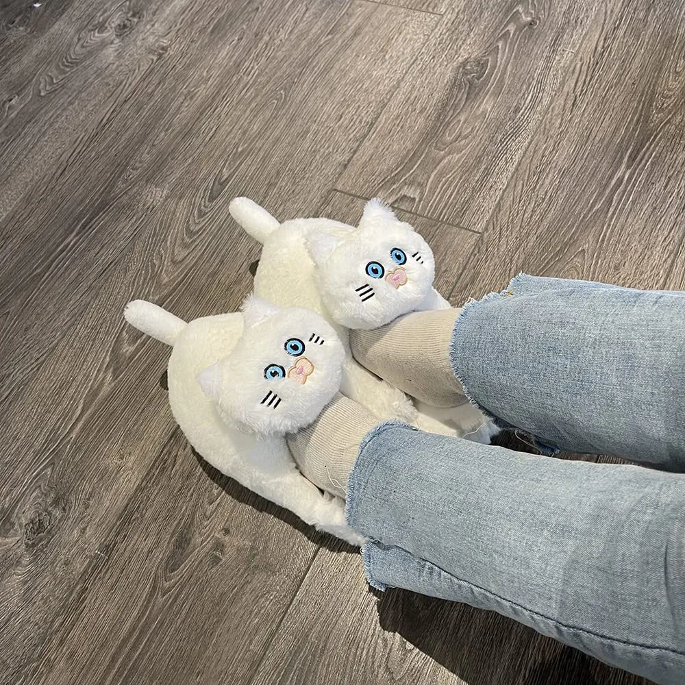 Footsie Cat Slippers Women\'s Winter Warm Shoes Free Shipping Funny Kitty Animal Slides Woman Fluffy Fur Mules Birthday Gift Toys