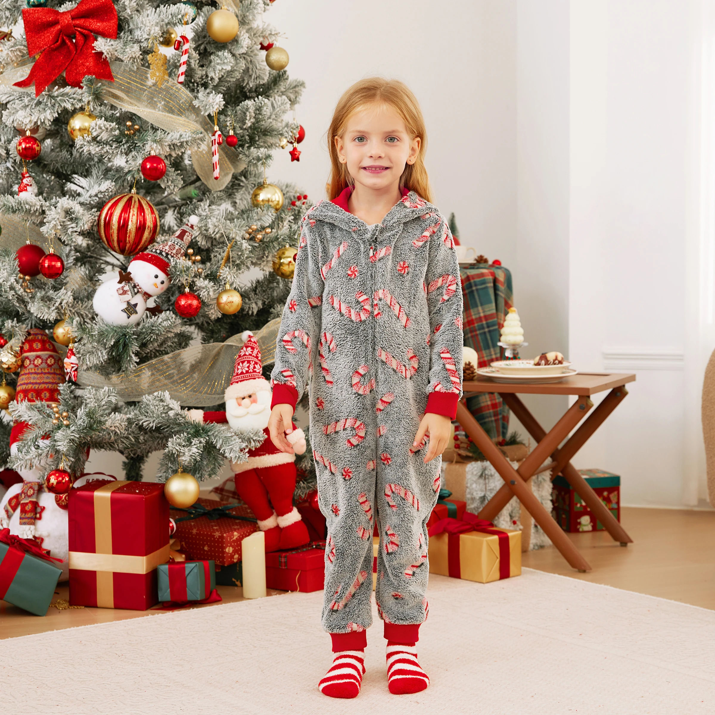 PatPat Onesies Pajamas Matching Christmas Outfits Candy Cane Pattern (Glow in the Dark)